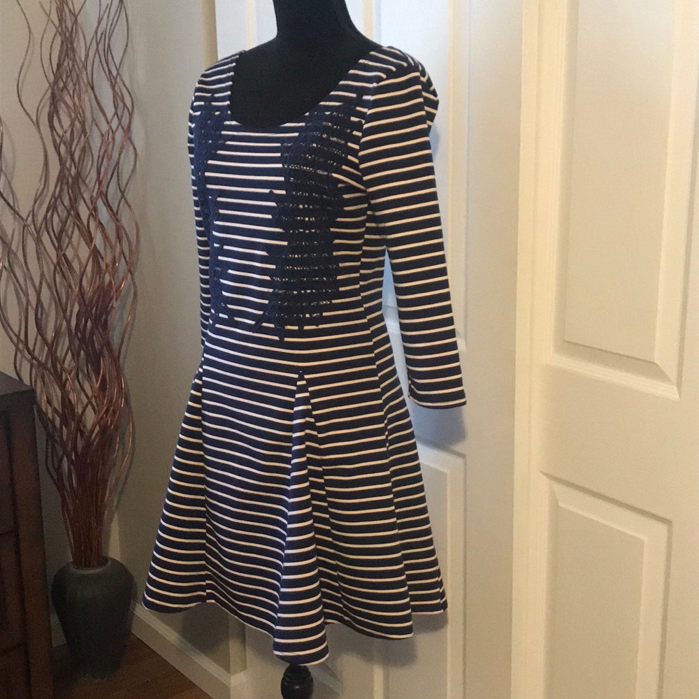 Free People Navy & white striped w lace dress Med